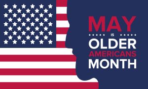 An image for Older Americans Month, which shows a side profile silhouette of a man against the American flag.